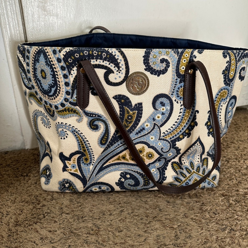 Spartina 449 Paisley Natural Linen Leather Trim Tote Bag Shoulder Bag Old Money